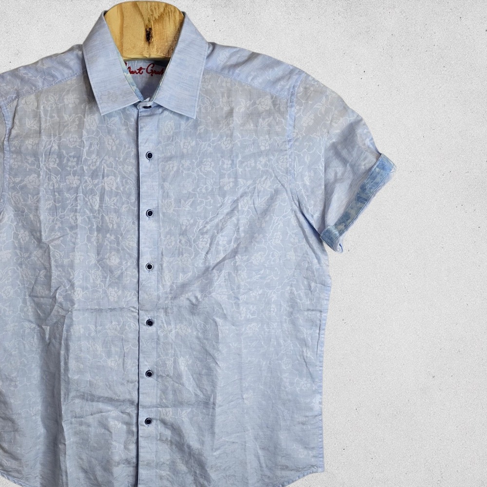 Robert Graham Mens Classic Fit Blue Floral Linen Cotton Short‎ Sleeve Shirt L